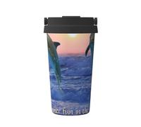 InOmak Delfino tursiope all'alba,Tazza da caffè da 500 ml, bottiglia d'acqua in acciaio inossidabile isolata, tazza da caffè portatile