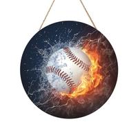 InOmak L'immagine di una palla da baseball nell'acqua e nel fuoco, Quadro rotondo in legno da 30 cm, da appendere alla parete di casa.