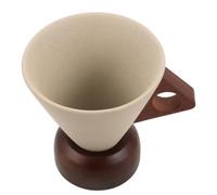 INOOMP Tazza da Caffè in Ceramica 250ml con Base in Legno, Stile Giapponese | Beige, Forma a Imbuto con Manico Ergonomico, per Caffè e Cappuccino in Ufficio o Cucina