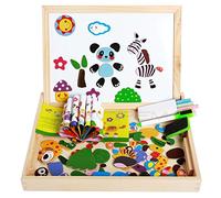 Inpay - Legno Bambini Magnetico Bordo Giocattolo - Doppia Faccia Puzzle & Disegno - Scrittura di Asciugatura a Secco Lavagna Cavalletto Educativi Apprendimento Giacattoli Gioco (Animale)