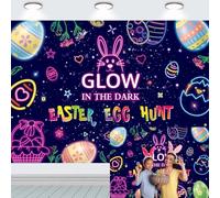 INRUI 2,4 x 1,8 m Glow Easter Photography Sfondo Glow in The Dark Egg Hunt Colorful Bunny Eggs Party Photo Decoration