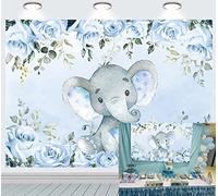 INRUI Elefante blu sfondo fotografico Elefante carino Baby Shower floreale Backdrops Elefante compleanno per ragazzo decorazione 2,1 x 1,5 m