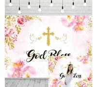 INRUI God Bless - Sfondo fotografico con fiori ad acquerello rosa, croce dorata, per prima comunione, battesimo, feste, striscione decorativo (2,3 x 1,8 m)
