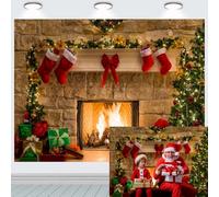 INRUI Sfondo fotografico a tema caminetto natalizio vintage con albero di Natale, calze per interni e feste di famiglia, decorazione fotografica (2,4 x 1,8 m)