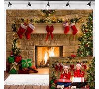 INRUI Sfondo fotografico a tema caminetto natalizio vintage con albero di Natale, calze per interni e feste di famiglia, decorazione fotografica (2,1 x 1,5 m)