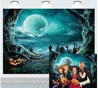 INRUI Sfondo fotografico di Halloween Horror Moon Night Scary Cemetery Zucca Lanterna Sfondo per bambini Decorazioni di compleanno per feste in famiglia per adulti (verde)