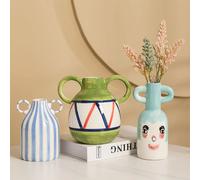 Ins vaso in ceramica a righe minimalista con due orecchie faccia sorridente atmosfera carina ornamenti decorativi vaso di ceramica creativo per la casa
