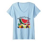 Insalata di Frutta Volante con Bandiera Maglietta con Collo a V, Donna, Celeste, M