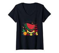 Insalata di Frutta Volante con Bandiera Maglietta con Collo a V, Donna, Nero, XL