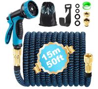INSCN Tubo Acqua Giardino Estensibile 15m, Flessibile con Adattatori 1/2" e 3/4", Pistola Giardino Multifunzione, Nero e Blu, per Irrigazione, Giardinaggio, Lavaggio Auto