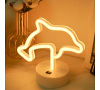 Insegna al neon a forma di delfini, USB o 3 AA alimentata a batteria, luce al neon a forma di delfini, con base di supporto, per feste, matrimoni, compleanni, festival, decorazioni - bianco caldo
