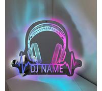 Insegna al neon a LED con specchio con nome e cuffie, RGB personalizzata, luci al neon DJ per decorazione da parete, alimentazione USB per camera da letto, sala musica, sala giochi, soggiorno (stile