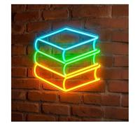 Insegna al neon con pila di libri per sala studio, aula, biblioteca, 38 cm