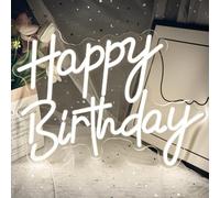 Insegna al neon con scritta "Happy Birthday", luce al neon a LED per decorazione da parete, dimmerabile, decorazione artistica per compleanno, per tutte le feste di compleanno, 40 x 33 cm (bianco