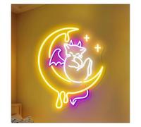 Insegna al Neon Devil Wing Cat On Moon Insegna Al Neon | Luce LED Fantasy Per Camera Da Letto, Dormitorio, Sala Giochi, 50cm