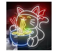 Insegna al neon Insegna al neon dall'atmosfera rilassante "Gatto fortunato che mangia spaghetti" per ristorante(A)