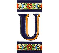 Insegna con numeri e lettere fatte di piastrelle di ceramica policroma, dipinte a mano con la tecnica "cuerda seca", nomi indirizzi e segnaletica. Testo personalizzabile. Disegno FLORES MEDIANO 10,9 cm x 5,4 cm. (LETTERA "U")