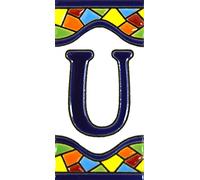 Insegna con numeri e lettere fatte di piastrelle di ceramica policroma, dipinte a mano con la tecnica "cuerda seca", nomi indirizzi e segnaletica. Testo personalizzabile. Disegno MOSAICO MEDIANO 10,9 cm x 5,4 cm. (LETTERA "U")
