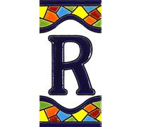 Insegna con numeri e lettere fatte di piastrelle di ceramica policroma, dipinte a mano con la tecnica "cuerda seca", nomi indirizzi e segnaletica. Testo personalizzabile. Disegno MOSAICO MEDIANO 10,9 cm x 5,4 cm. (LETTERA "R")