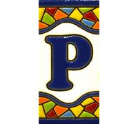 Insegna con numeri e lettere fatte di piastrelle di ceramica policroma, dipinte a mano con la tecnica "cuerda seca", nomi indirizzi e segnaletica. Testo personalizzabile. Disegno MOSAICO MINI 7,3 cm x 3,5 cm (LETTERA"P")