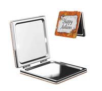 Insegna in legno con foglie d'arancio autunnali felici, specchio da viaggio per il trucco su entrambi i lati, in pelle PU, portatile, compatto, tascabile