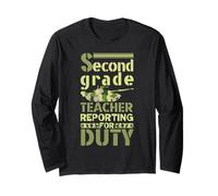 Insegnante di seconda elementare Che segnala per Il dovere di Ritorno a Scuola Camo Maglia a Manica