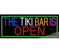 Insegne luminose al neon The Tiki Bar Is Open With Green Border Led Sign Handmade Real Led Neon Per Game Room Decor PVC 35,6 x 43,2 cm
