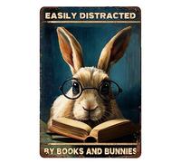 Insegne retrò con scritta "easily distracted by books and bunnies" vintage Office Shiny Eyes Farm Animal Party Decoration Bunny Reading Book With Glasses Cute Chalk Sign Happiness Hanging Wall Art