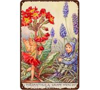 Insegne vintage in metallo con fata dei fiori, targa da giardino, decorazione da parete per la casa, cartello con le fate del polianthus e del giacinto d'uva