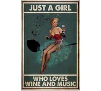 Insegne vintage in metallo Just A Girl Who Loves Wine and Music, poster da parete in metallo per casa, bar, caffetteria, garage, bagno, 14 x 20 cm