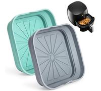 Inserti in Silicone per Friggitrice ad Aria, 2 Pezzi, Vassoi Quadrati Riutilizzabili con Manici, Teglia per Friggitrice ad Aria, Lavabili in Lavastoviglie (Blu, Grigio Chiaro)
