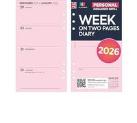 Inserto di ricarica per agenda 2026 con settimana su due pagine, formato personale, da gennaio 2026 a dicembre 2026, carta rosa, compatibile con organizzatori Filofax, 95 x 171 mm