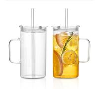 INSETLAN 760 ml, grandi bicchieri in vetro a coste, con manico e coperchio, set da 2 pezzi, bicchieri trasparenti con cannucce riutilizzabili, design a strisce verticali, perfetti per caffè freddo, tè