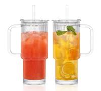 INSETLAN Bicchieri in vetro a coste da 760 ml con coperchi e cannucce, confezione da 2 bicchieri in vetro a tenuta stagna con manico, tazza da caffè freddo, grande capacità, trasparente per latte