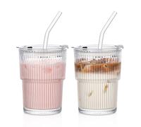 INSETLAN Confezione da 2 bicchieri in vetro con coperchio e cannuccia, 380 ml, bicchieri da caffè freddo, a coste, trasparenti, a tenuta stagna, per frullati, latte freddo, matcha e bevande fredde