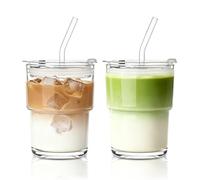 INSETLAN Set di 2 bicchieri portatili in vetro da 380 ml, tazze in vetro spesso con coperchio e cannuccia in vetro, tazze da caffè in movimento per caffè freddo, tè, latte, bevande calde e fredde