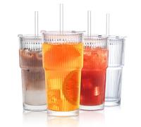 INSETLAN Set di 4 bicchieri in vetro a coste da 600 ml, con coperchio e cannucce, a prova di perdite, con cannuccia e coperchio, in vetro spesso, ideali per latte freddo, frullati, cocktail, bicchieri