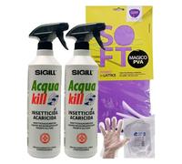 Insetticida Acaricida Spray ACQUA KILL, Liquido Microincapsulato. Pronto All'Uso a Largo Spettro D'Azione e Lunga Persistenza 750ml (2 Spray) + Panno In Lattice + 100pz Guanti HDPE Monouso