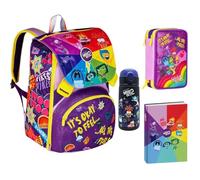 Inside Out 2 Set Scuola, Zaino Doppio Scomparto Estensibile Viola, Borraccia, Diario, Astuccio 3 Zip, per Bambina