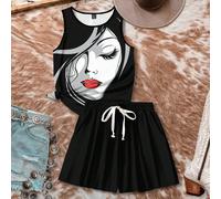 Insieme canotta senza maniche e Maglietta a manica corta stampata con ritratti di donne, adatto per l'estate L,M,S,XL,XSFumetto,Ritratto,Colore unicoTessuto in maglia