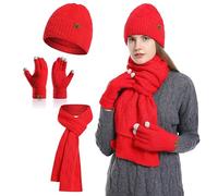 INSISMY Cappello da donna con sciarpa e guanti touchscreen, set per donna, invernale, caldo, lungo, in pile, foderato, berretto con teschio, Colore: rosso, Taglia unica