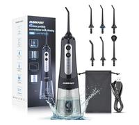 INSMART - Irrigatore orale elettrico portatile per denti, 4 modalità e 6 punte a getto, 300 ml, delicato sulle gengive, rimuove placca e particelle di cibo, nero
