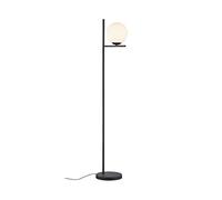 Insolita lampada a stelo di colore nero con sfera di vetro bianco, altezza 150 cm