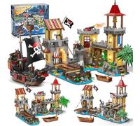 INSOON Pirate Ship Bay Building Set con luce LED, 3 modalità di stile Pirati Wharf House Modello Building Block Toy, 1502 PCS Kit di mattoni da costruzione Home Office Decor per adulti adolescenti