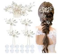 inSowni Pettine laterale per capelli da sposa, con strass e perle, 17 pezzi + forcine per capelli a forma di U + forcine per capelli a spirale con perle, per spose, damigelle d'onore, donne e ragazze