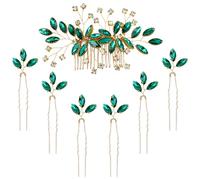 inSowni Pettine laterale per capelli da sposa, in metallo dorato con strass verde smeraldo, 7 pezzi + forcine per capelli a forma di U, accessori per donne, ragazze, spose e damigelle d'onore (verde