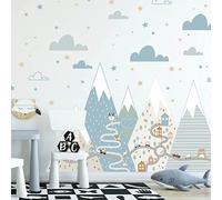 Inspio Adesivi in blu con colline, casette e nuvolette