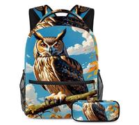 Inspire Learning and Fun, set di 2 zaini per bambini con zaino e astuccio, borsa da viaggio grande capacità per ragazzi, ragazze e adolescenti, gufo carino, Multicolore, B：29.4x20x40cm\