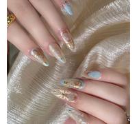 -Inspired Blue Almond Press On Nails Short ABS No Tools Floral Design French Blue Ondulare Unghie finte