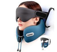 Inspireyes Coussin de Voyage avec Sangle de Siège et Masque 3D, Soutien Double Tête et Cou, Mousse Haute Densité Cuscino cervicale, Oreiller Avion Long Courrier Anti Tête Qui Tombe, Bleu Lac